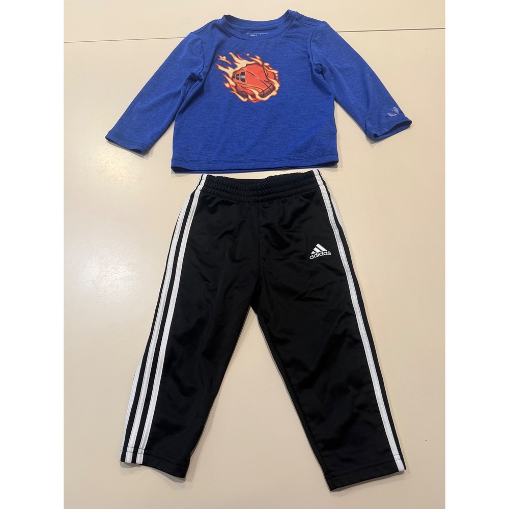 Adidas Toddler Boys 18M Blue Flaming Basketball Shirt and Black Track Pants Set